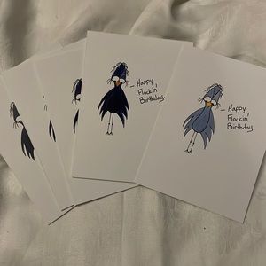 5 Printed Art Cards Happy Flockin’ Funny Birthday w Sad Bird Watercolour Prints